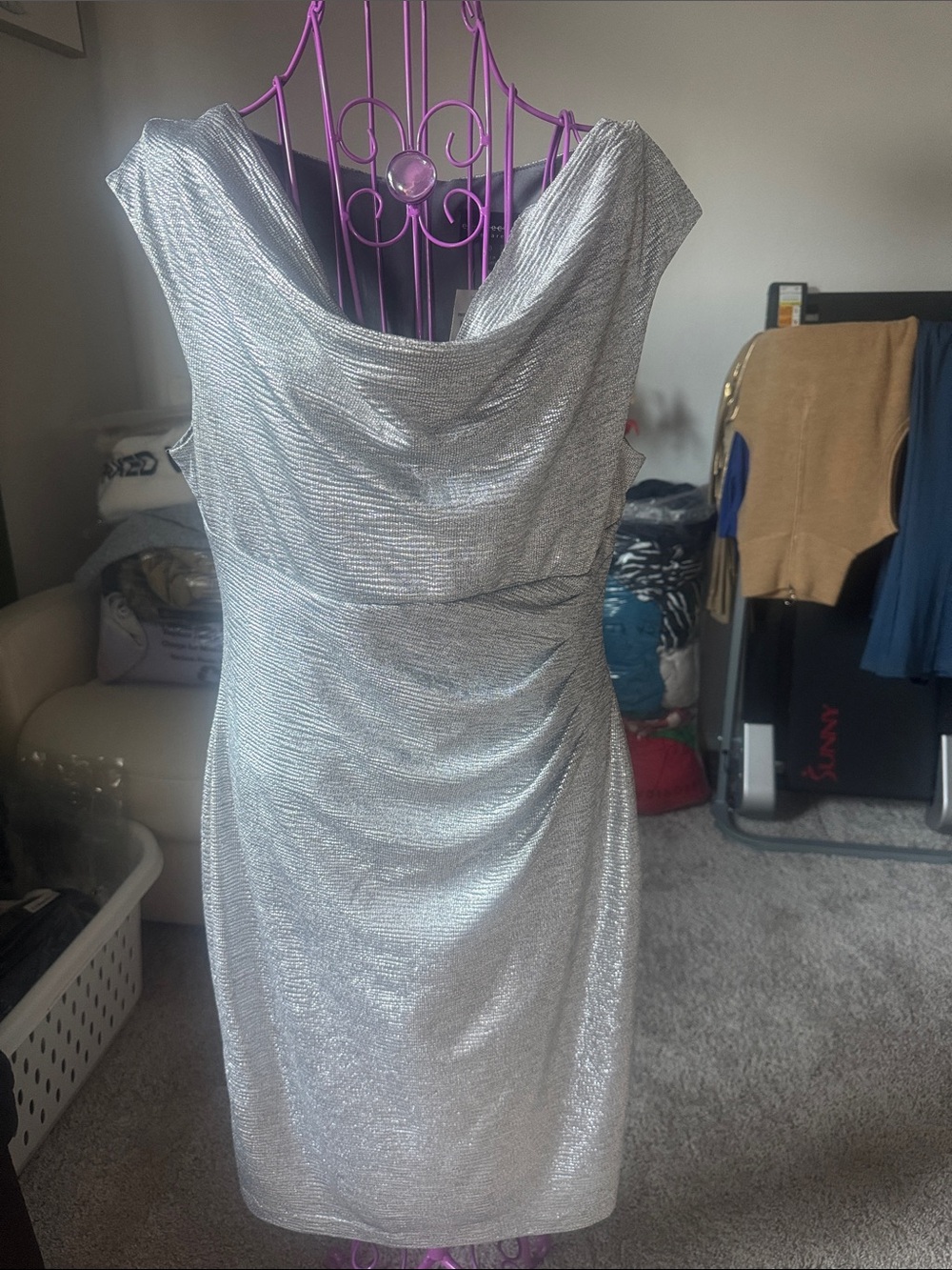 Connected Apparel Elegant Silver Cowl Neck Sheath Dress